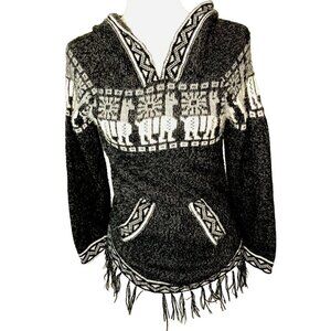 Native Crafts 100% Alpaca Hoodie Tunic Sweater Gray Black Llama Fringe-*XS-SM
